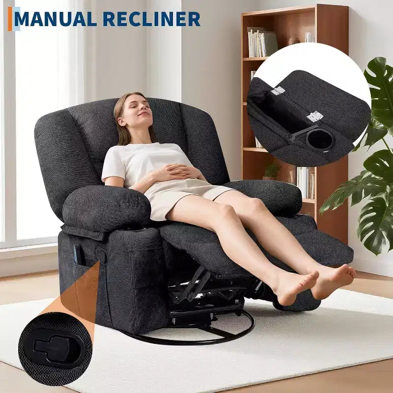 Fauteuil inclinable surdimensionné et pivotant avec fonction de bercement, massage apaisant et chaleur lombaire, inclinable manuel avec porte-gobelets, tissu chenille/PU