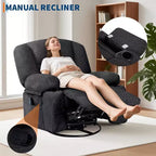 Fauteuil inclinable surdimensionné et pivotant avec fonction de bercement, massage apaisant et chaleur lombaire, inclinable manuel avec porte-gobelets, tissu chenille/PU