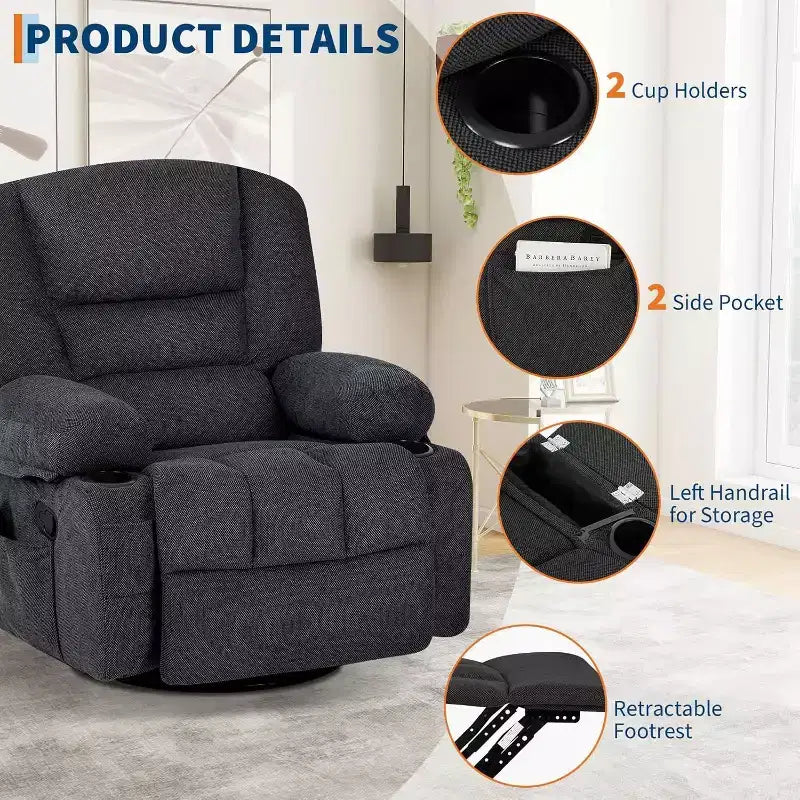 Fauteuil inclinable surdimensionné et pivotant avec fonction de bercement, massage apaisant et chaleur lombaire, inclinable manuel avec porte-gobelets, tissu chenille/PU