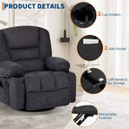 Fauteuil inclinable surdimensionné et pivotant avec fonction de bercement, massage apaisant et chaleur lombaire, inclinable manuel avec porte-gobelets, tissu chenille/PU