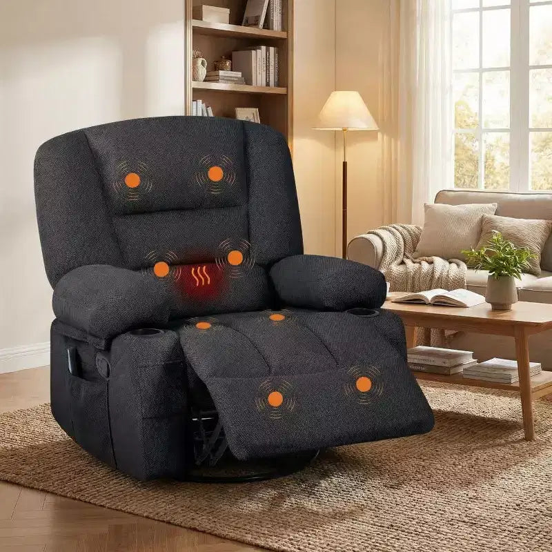 Fauteuil inclinable surdimensionné et pivotant avec fonction de bercement, massage apaisant et chaleur lombaire, inclinable manuel avec porte-gobelets, tissu chenille/PU