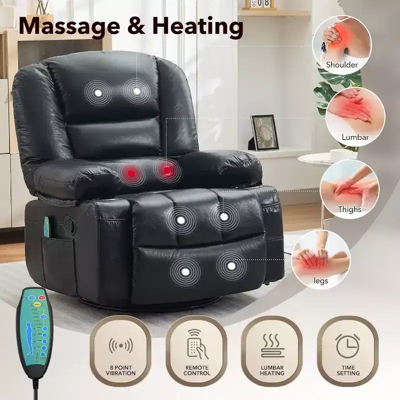Fauteuil inclinable surdimensionné et pivotant avec fonction de bercement, massage apaisant et chaleur lombaire, inclinable manuel avec porte-gobelets, tissu chenille/PU