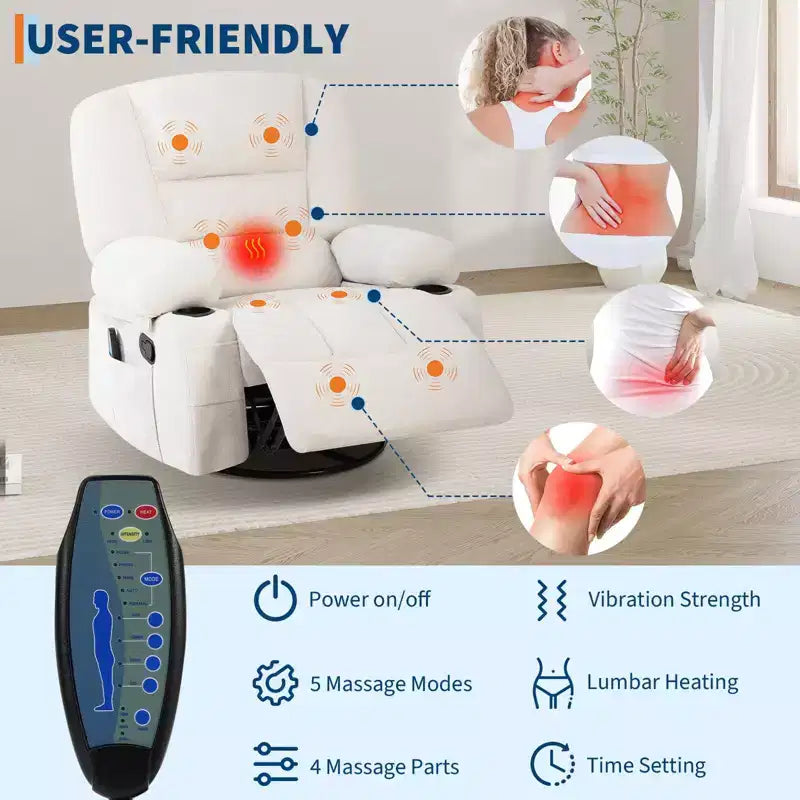 Fauteuil inclinable surdimensionné et pivotant avec fonction de bercement, massage apaisant et chaleur lombaire, inclinable manuel avec porte-gobelets, tissu chenille/PU