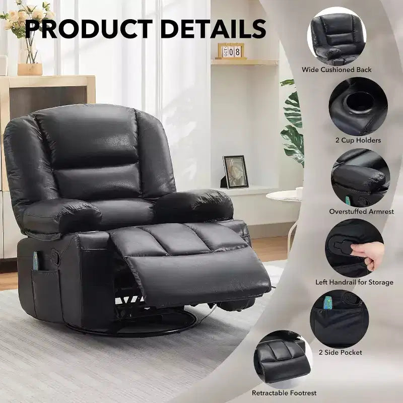 Fauteuil inclinable surdimensionné et pivotant avec fonction de bercement, massage apaisant et chaleur lombaire, inclinable manuel avec porte-gobelets, tissu chenille/PU