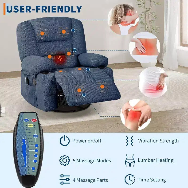 Fauteuil inclinable surdimensionné et pivotant avec fonction de bercement, massage apaisant et chaleur lombaire, inclinable manuel avec porte-gobelets, tissu chenille/PU