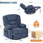 Fauteuil inclinable surdimensionné et pivotant avec fonction de bercement, massage apaisant et chaleur lombaire, inclinable manuel avec porte-gobelets, tissu chenille/PU