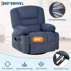 Fauteuil inclinable surdimensionné et pivotant avec fonction de bercement, massage apaisant et chaleur lombaire, inclinable manuel avec porte-gobelets, tissu chenille/PU