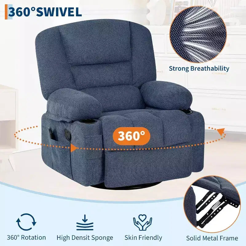 Fauteuil inclinable surdimensionné et pivotant avec fonction de bercement, massage apaisant et chaleur lombaire, inclinable manuel avec porte-gobelets, tissu chenille/PU