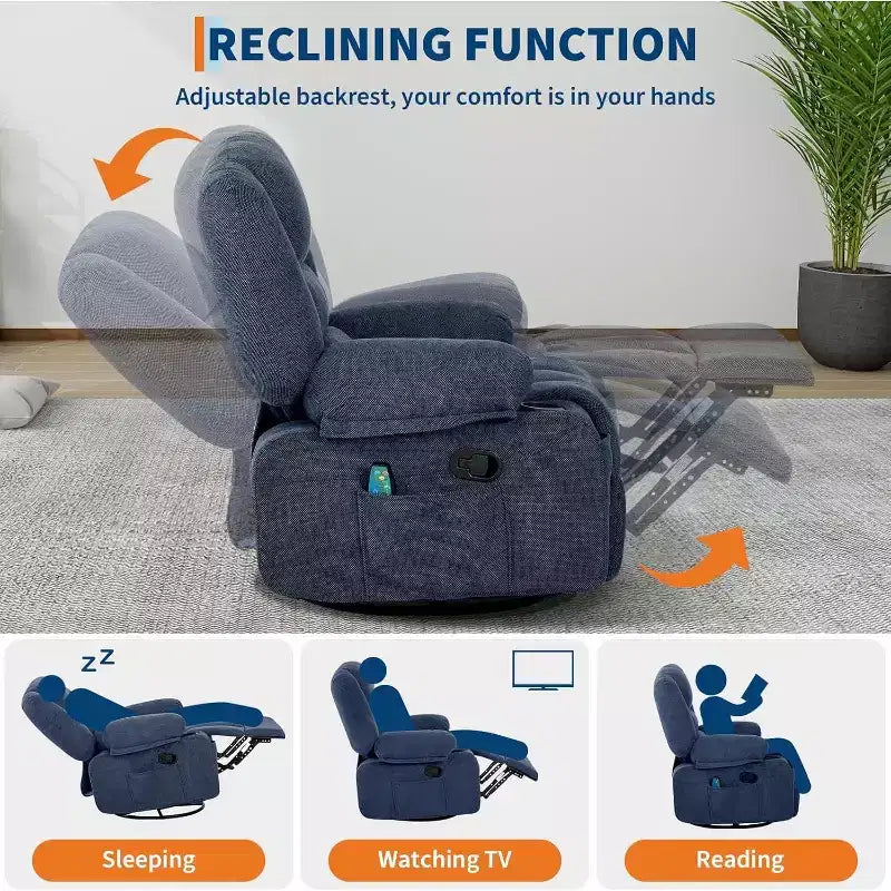 Fauteuil inclinable surdimensionné et pivotant avec fonction de bercement, massage apaisant et chaleur lombaire, inclinable manuel avec porte-gobelets, tissu chenille/PU