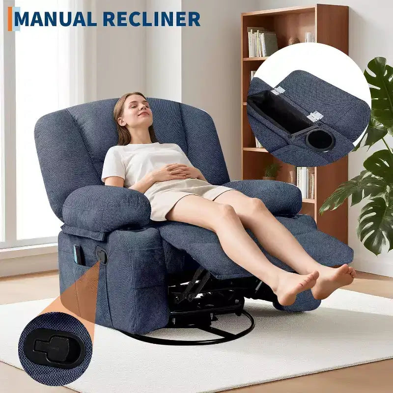 Fauteuil inclinable surdimensionné et pivotant avec fonction de bercement, massage apaisant et chaleur lombaire, inclinable manuel avec porte-gobelets, tissu chenille/PU
