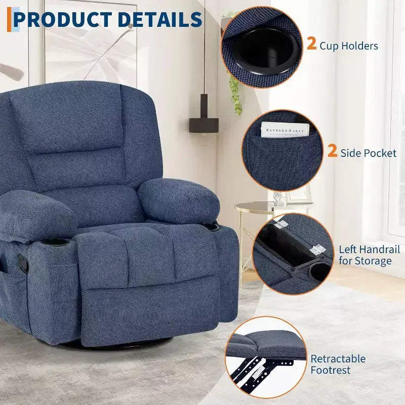 Fauteuil inclinable surdimensionné et pivotant avec fonction de bercement, massage apaisant et chaleur lombaire, inclinable manuel avec porte-gobelets, tissu chenille/PU