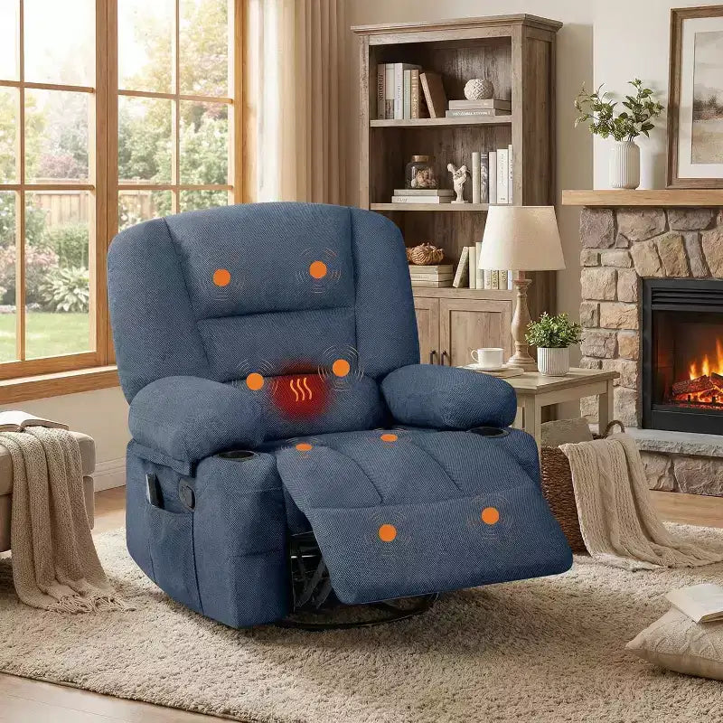 Fauteuil inclinable surdimensionné et pivotant avec fonction de bercement, massage apaisant et chaleur lombaire, inclinable manuel avec porte-gobelets, tissu chenille/PU