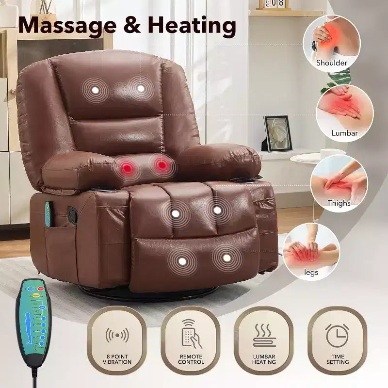 Fauteuil inclinable surdimensionné et pivotant avec fonction de bercement, massage apaisant et chaleur lombaire, inclinable manuel avec porte-gobelets, tissu chenille/PU