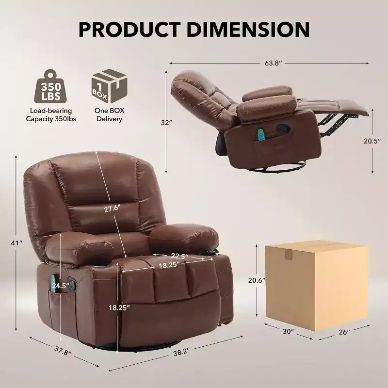 Fauteuil inclinable surdimensionné et pivotant avec fonction de bercement, massage apaisant et chaleur lombaire, inclinable manuel avec porte-gobelets, tissu chenille/PU