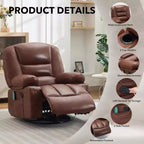 Fauteuil inclinable surdimensionné et pivotant avec fonction de bercement, massage apaisant et chaleur lombaire, inclinable manuel avec porte-gobelets, tissu chenille/PU