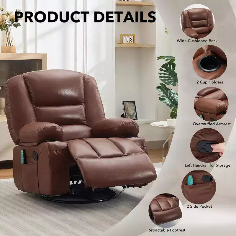 Fauteuil inclinable surdimensionné et pivotant avec fonction de bercement, massage apaisant et chaleur lombaire, inclinable manuel avec porte-gobelets, tissu chenille/PU