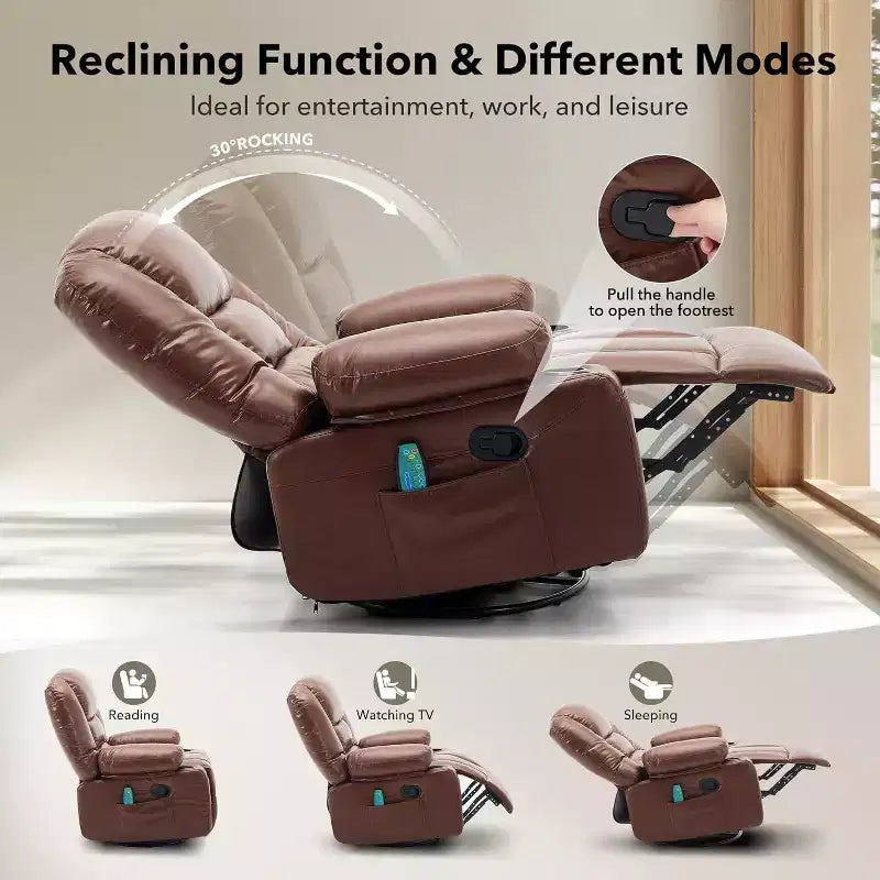 Fauteuil inclinable surdimensionné et pivotant avec fonction de bercement, massage apaisant et chaleur lombaire, inclinable manuel avec porte-gobelets, tissu chenille/PU