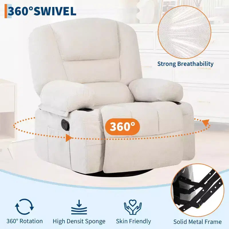 Fauteuil inclinable surdimensionné et pivotant avec fonction de bercement, massage apaisant et chaleur lombaire, inclinable manuel avec porte-gobelets, tissu chenille/PU