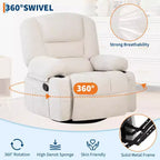 Fauteuil inclinable surdimensionné et pivotant avec fonction de bercement, massage apaisant et chaleur lombaire, inclinable manuel avec porte-gobelets, tissu chenille/PU