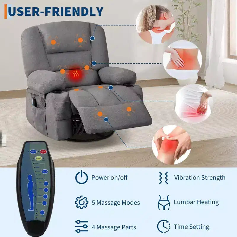 Fauteuil inclinable surdimensionné et pivotant avec fonction de bercement, massage apaisant et chaleur lombaire, inclinable manuel avec porte-gobelets, tissu chenille/PU
