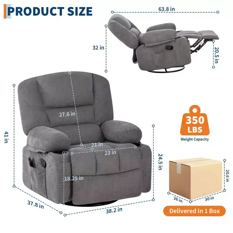 Fauteuil inclinable surdimensionné et pivotant avec fonction de bercement, massage apaisant et chaleur lombaire, inclinable manuel avec porte-gobelets, tissu chenille/PU