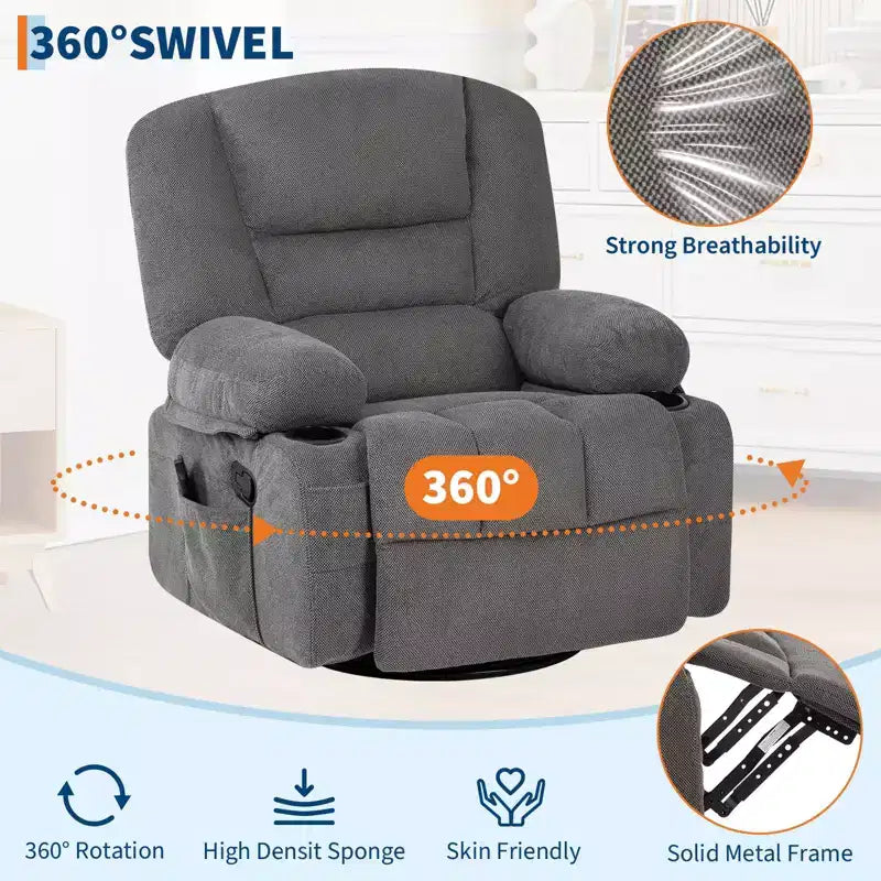 Fauteuil inclinable surdimensionné et pivotant avec fonction de bercement, massage apaisant et chaleur lombaire, inclinable manuel avec porte-gobelets, tissu chenille/PU