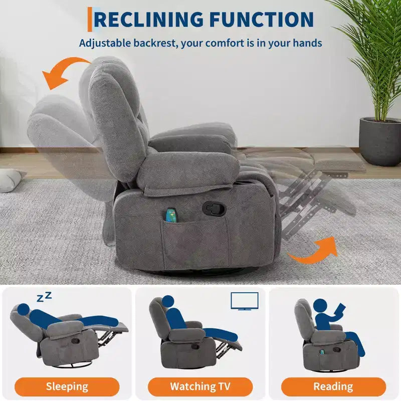 Fauteuil inclinable surdimensionné et pivotant avec fonction de bercement, massage apaisant et chaleur lombaire, inclinable manuel avec porte-gobelets, tissu chenille/PU
