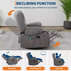 Fauteuil inclinable surdimensionné et pivotant avec fonction de bercement, massage apaisant et chaleur lombaire, inclinable manuel avec porte-gobelets, tissu chenille/PU