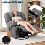 Fauteuil inclinable surdimensionné et pivotant avec fonction de bercement, massage apaisant et chaleur lombaire, inclinable manuel avec porte-gobelets, tissu chenille/PU