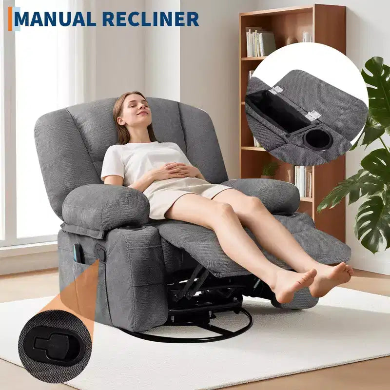 Fauteuil inclinable surdimensionné et pivotant avec fonction de bercement, massage apaisant et chaleur lombaire, inclinable manuel avec porte-gobelets, tissu chenille/PU