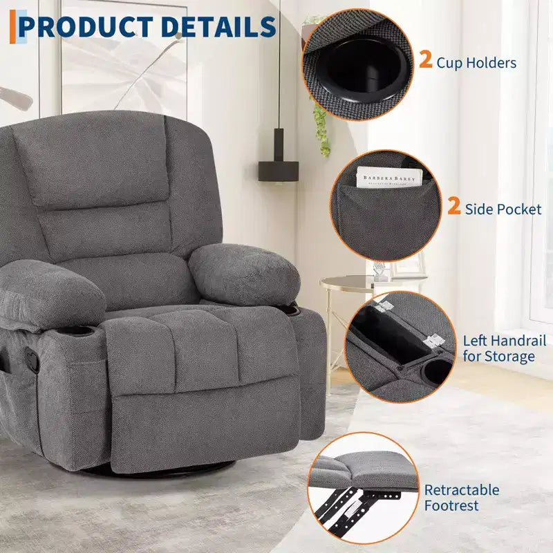 Fauteuil inclinable surdimensionné et pivotant avec fonction de bercement, massage apaisant et chaleur lombaire, inclinable manuel avec porte-gobelets, tissu chenille/PU
