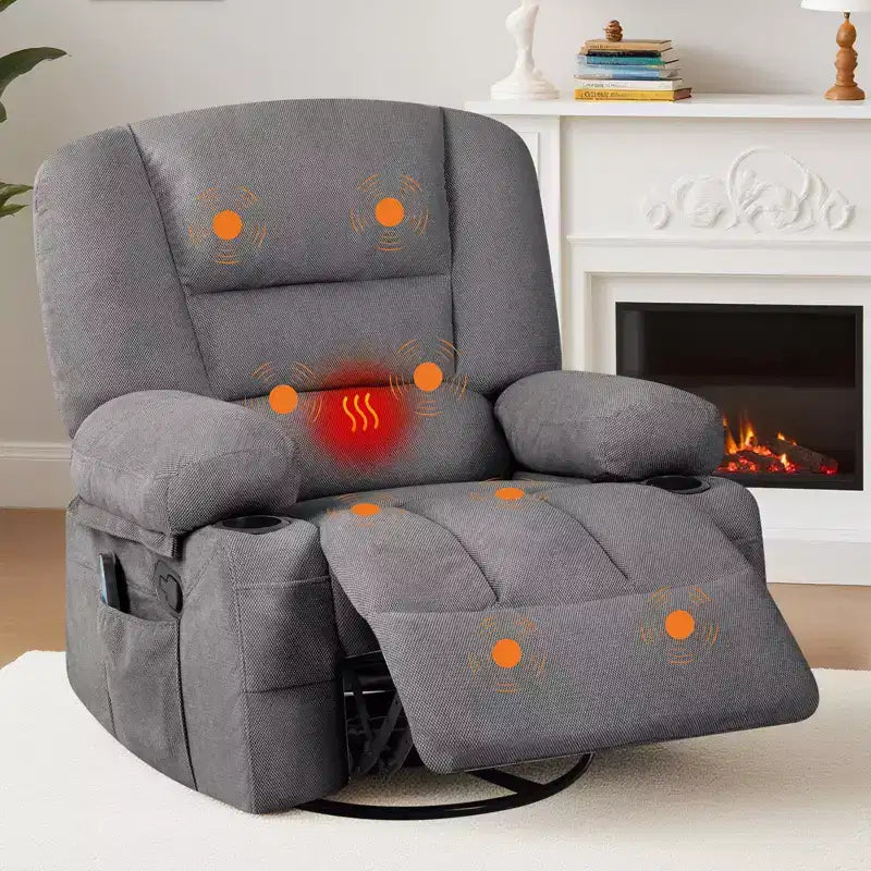 Fauteuil inclinable surdimensionné et pivotant avec fonction de bercement, massage apaisant et chaleur lombaire, inclinable manuel avec porte-gobelets, tissu chenille/PU