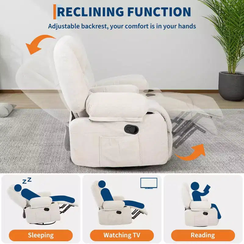 Fauteuil inclinable surdimensionné et pivotant avec fonction de bercement, massage apaisant et chaleur lombaire, inclinable manuel avec porte-gobelets, tissu chenille/PU