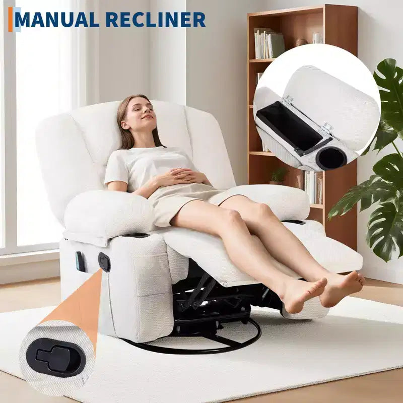 Fauteuil inclinable surdimensionné et pivotant avec fonction de bercement, massage apaisant et chaleur lombaire, inclinable manuel avec porte-gobelets, tissu chenille/PU