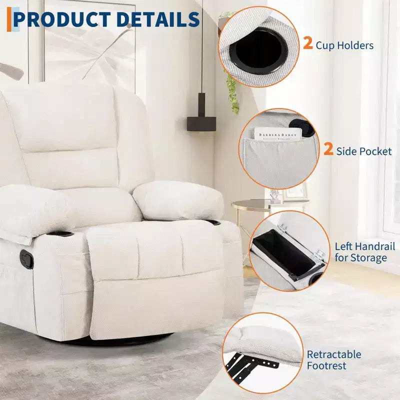 Fauteuil inclinable surdimensionné et pivotant avec fonction de bercement, massage apaisant et chaleur lombaire, inclinable manuel avec porte-gobelets, tissu chenille/PU