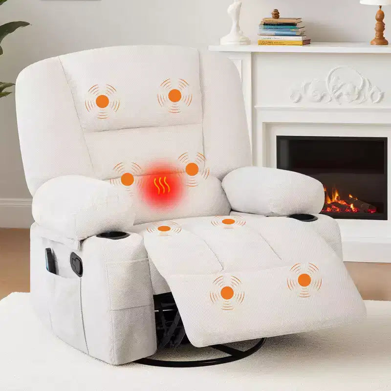 Fauteuil inclinable surdimensionné et pivotant avec fonction de bercement, massage apaisant et chaleur lombaire, inclinable manuel avec porte-gobelets, tissu chenille/PU