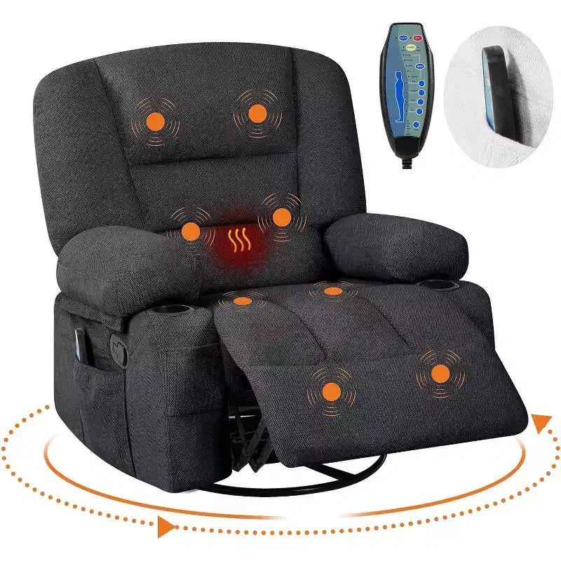 Fauteuil inclinable surdimensionné et pivotant avec fonction de bercement, massage apaisant et chaleur lombaire, inclinable manuel avec porte-gobelets, tissu chenille/PU