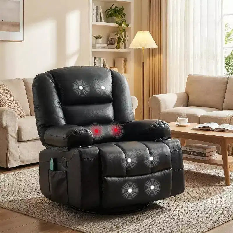 Fauteuil inclinable surdimensionné et pivotant avec fonction de bercement, massage apaisant et chaleur lombaire, inclinable manuel avec porte-gobelets, tissu chenille/PU
