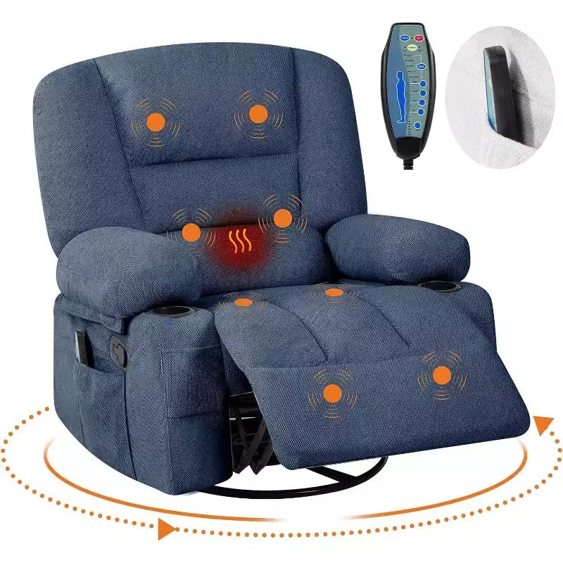 Fauteuil inclinable surdimensionné et pivotant avec fonction de bercement, massage apaisant et chaleur lombaire, inclinable manuel avec porte-gobelets, tissu chenille/PU
