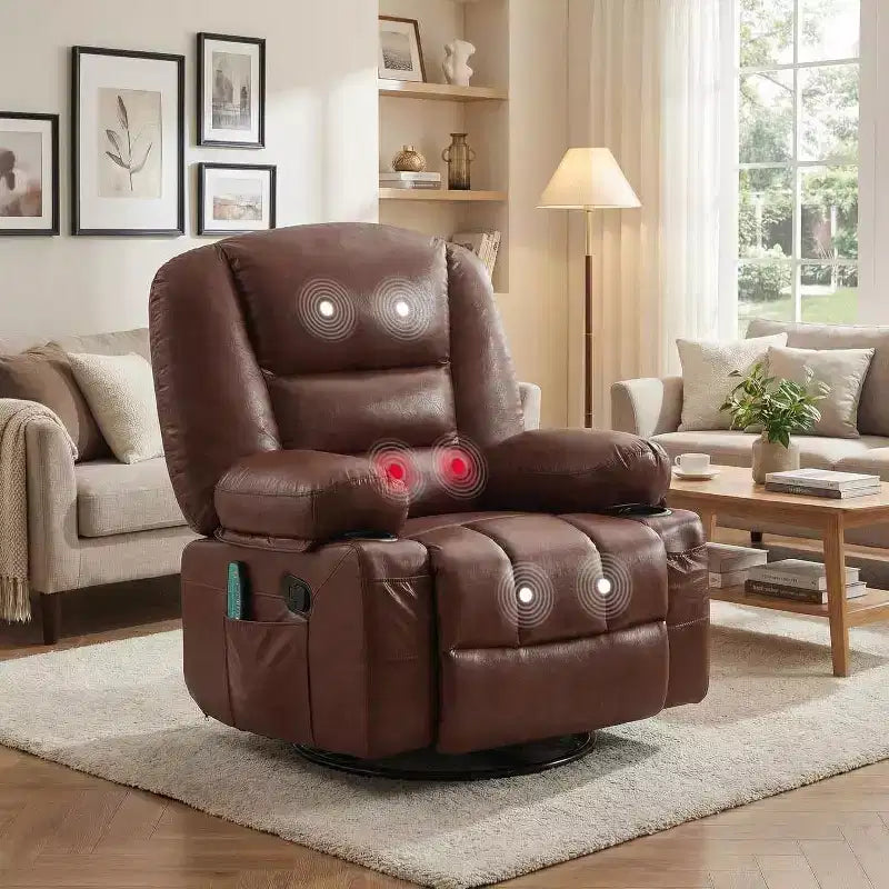 Fauteuil inclinable surdimensionné et pivotant avec fonction de bercement, massage apaisant et chaleur lombaire, inclinable manuel avec porte-gobelets, tissu chenille/PU