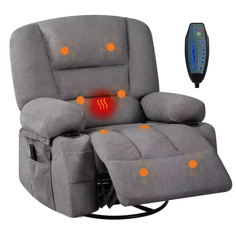 Fauteuil inclinable surdimensionné et pivotant avec fonction de bercement, massage apaisant et chaleur lombaire, inclinable manuel avec porte-gobelets, tissu chenille/PU