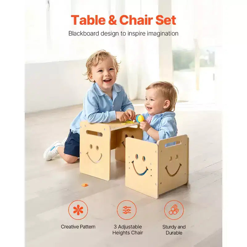 Table et chaise de sevrage Montessori, table et chaises 3-en-1 en bois pour tout-petits avec tableau noir, table réglable en hauteur pour les 1-5 ans, naturel