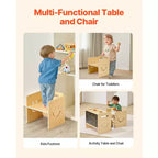 Table et chaise de sevrage Montessori, table et chaises 3-en-1 en bois pour tout-petits avec tableau noir, table réglable en hauteur pour les 1-5 ans, naturel