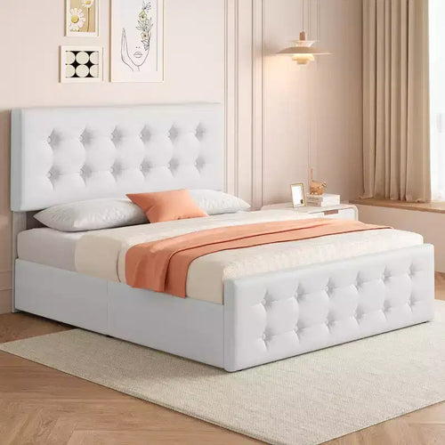 Queen Size Bed Frame with 4 Drawers , Upholstered Platform Bed with Upholstered Headboard ,Strong Wooden Slats No Box Spring Needed