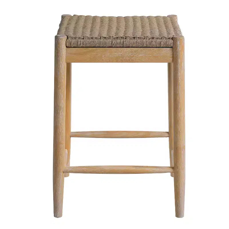 Tabourets de comptoir sans dossier en bois d'acacia et assise en osier tressé Boho 25.8