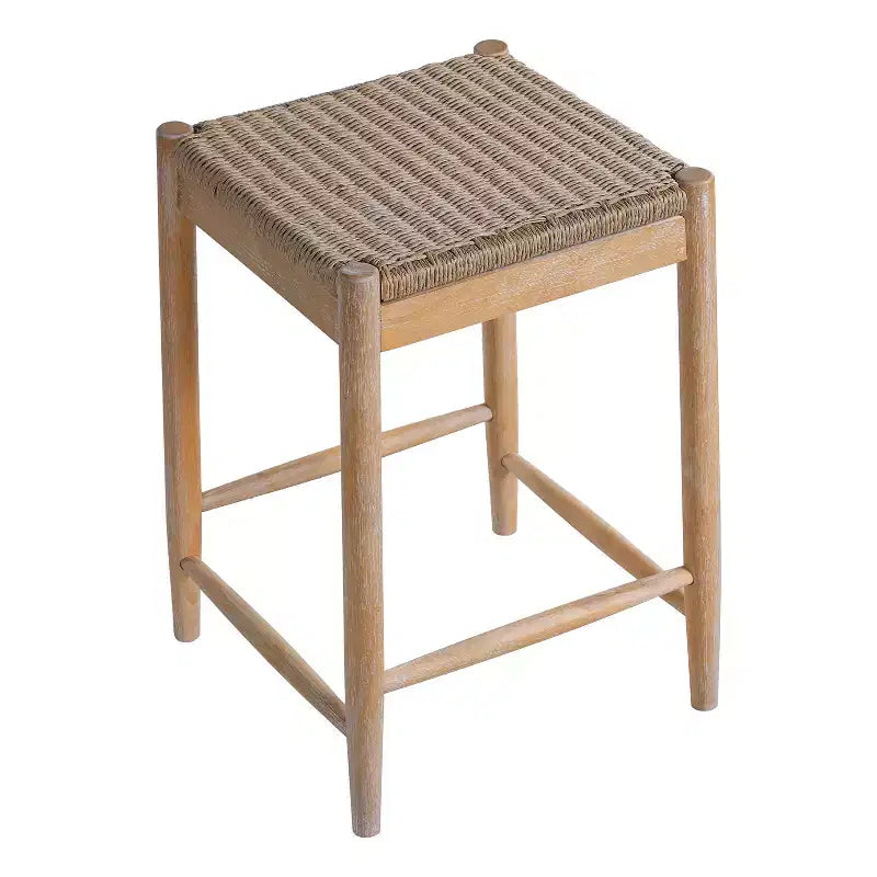 Tabourets de comptoir sans dossier en bois d'acacia et assise en osier tressé Boho 25.8