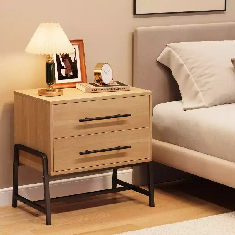 Table de chevet avec tiroirs, Table de chevet en bois, Table d'appoint avec pieds en métal, Table de chevet moderne, Tables de chevet pour chambre à coucher et salon