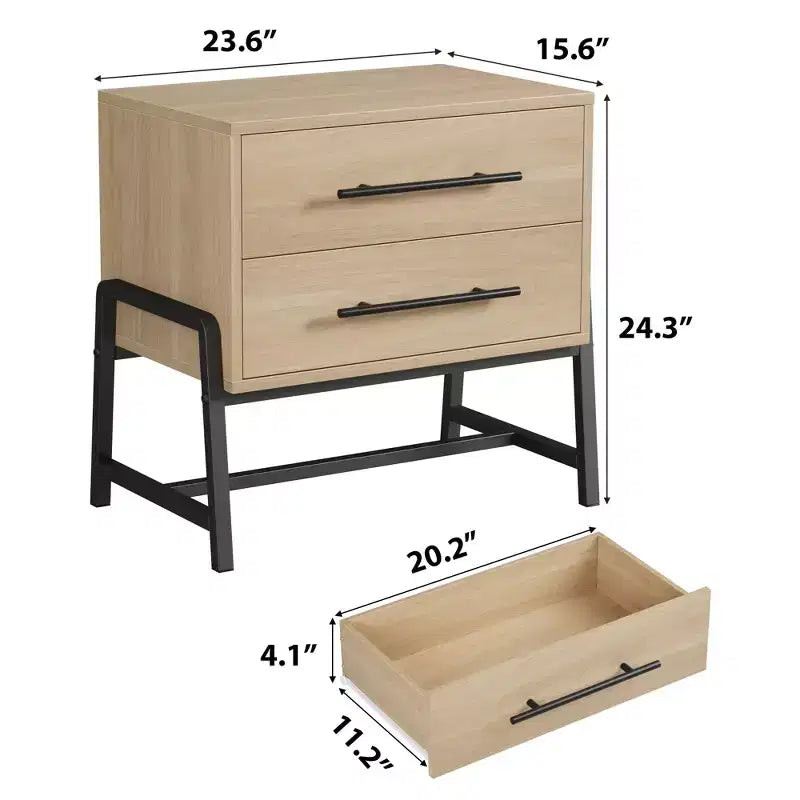 Table de chevet avec tiroirs, Table de chevet en bois, Table d'appoint avec pieds en métal, Table de chevet moderne, Tables de chevet pour chambre à coucher et salon