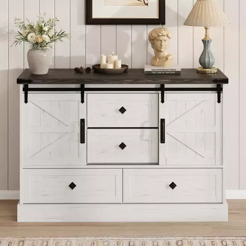 Commode de chambre rustique avec 4 tiroirs et portes coulissantes style grange, meuble de rangement, support TV rustique avec étagère, organisateur pour salon, entrée