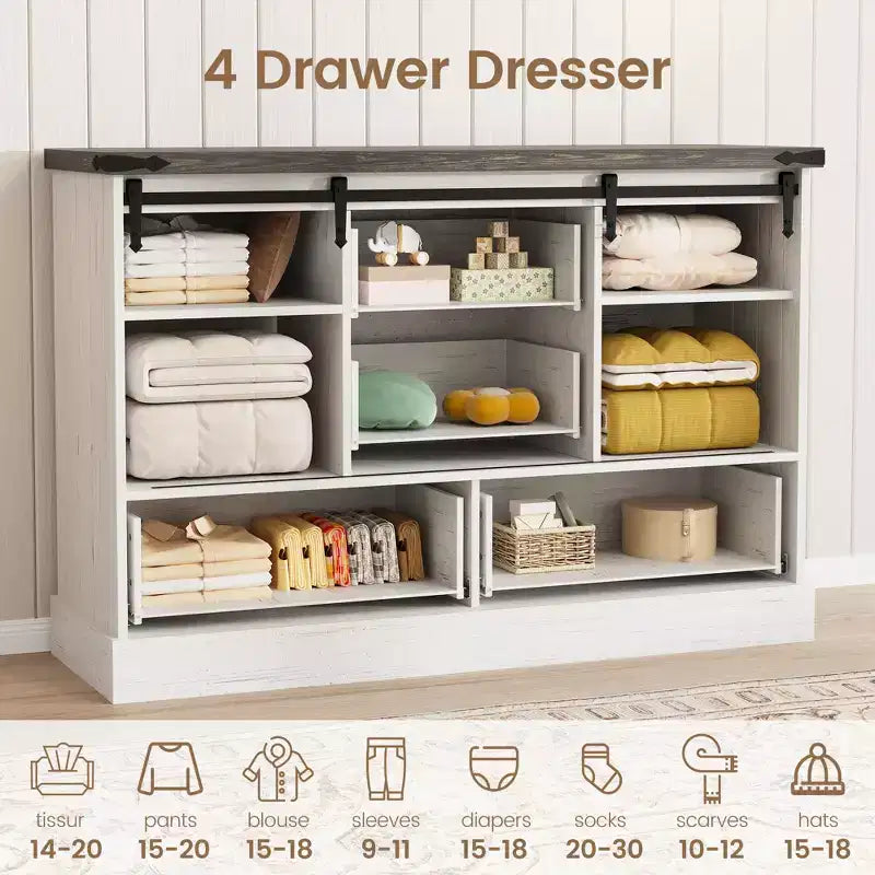 Commode de chambre rustique avec 4 tiroirs et portes coulissantes style grange, meuble de rangement, support TV rustique avec étagère, organisateur pour salon, entrée